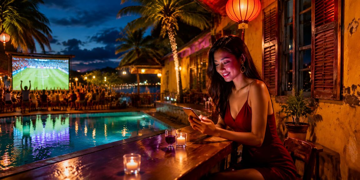 Giao diện casino di động ban đêm tại Hội An với hiệu ứng neon lung linh