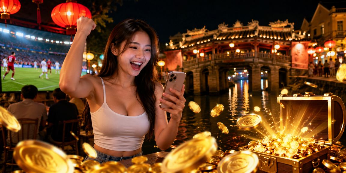 Người chơi đăng ký nhận thưởng tại chợ đêm Hội An với điện thoại thông minh